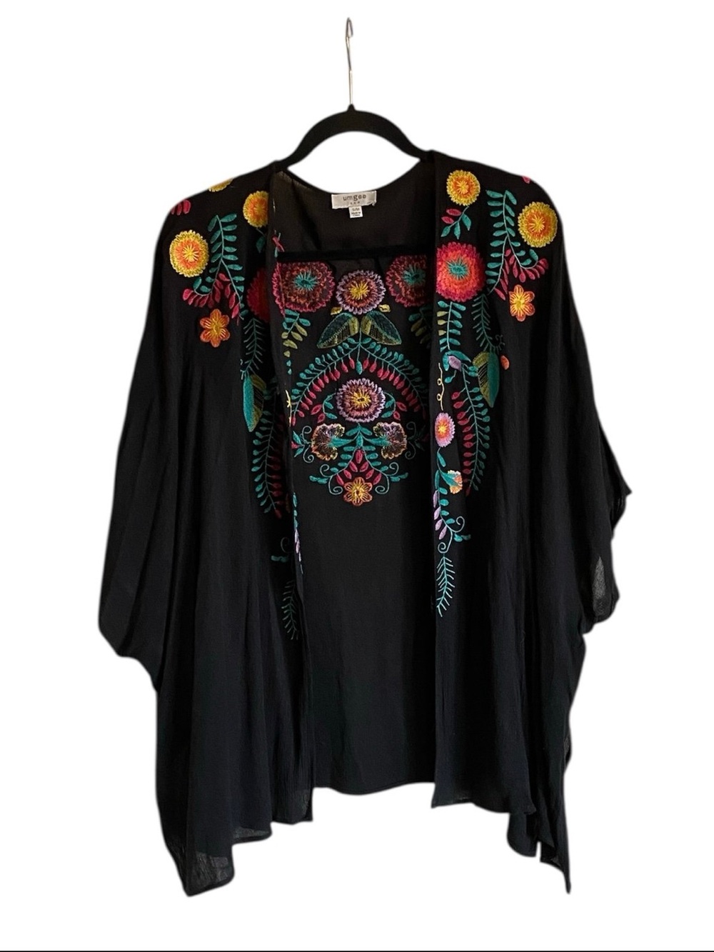 Women’s UMGEE Kimono Top Floral Embroidered black bold multi color  M/L boho - Picture 10 of 14